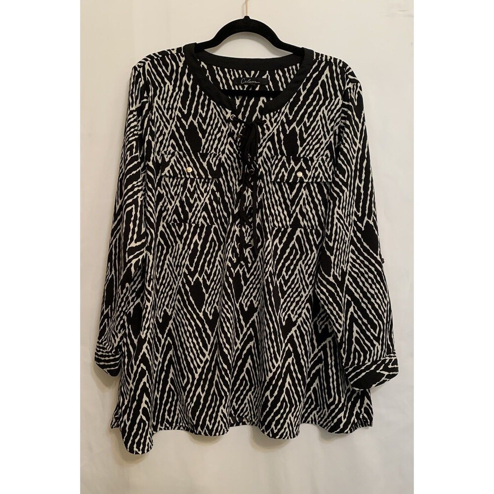 Calessa Womens Size 2X Top Pockets Tie Front Long Roll Tab Sleeves Tunic